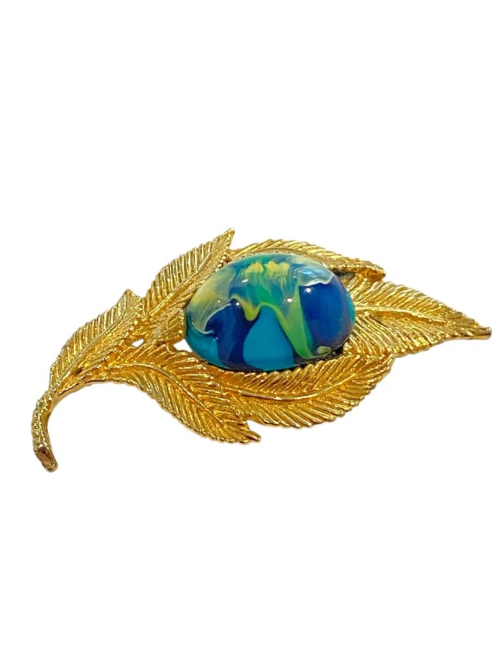Gold-Tone Leaf Brooch With Blue & Green Swirl Cabochon 2.5 Inches Artist fermini - Picture 10 of 16